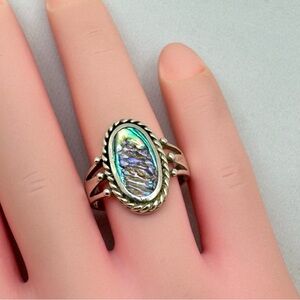 925 Sterling Silver Abalone Shell Oval Cut Boho Art Deco Ring Vintage Look 6.25